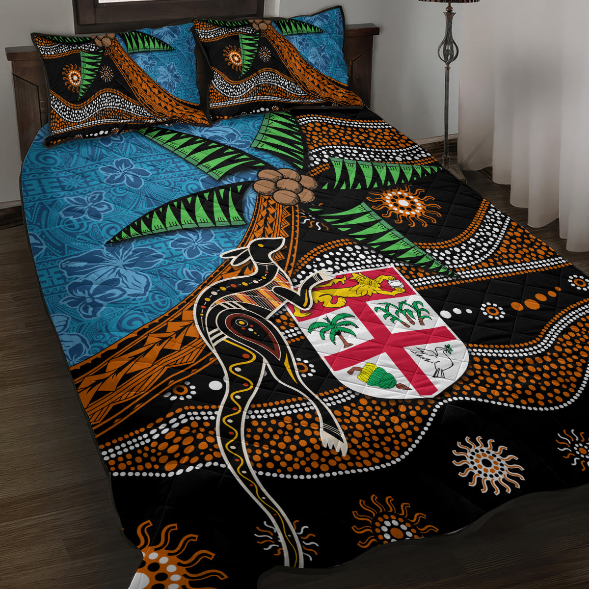 Fiji and Australia Quilt Bed Set Fijian and Aboriginal mix Culture LT03 Blue - Polynesian Pride