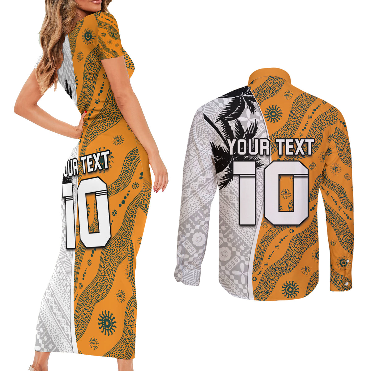 Custom Fiji and Australia Rugby Couples Matching Short Sleeve Bodycon Dress and Long Sleeve Button Shirt Tapa Mix Aboriginal Pattern Half Style
