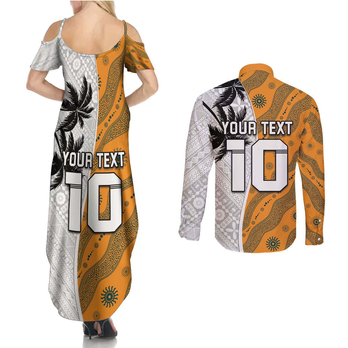 Custom Fiji and Australia Rugby Couples Matching Summer Maxi Dress and Long Sleeve Button Shirt Tapa Mix Aboriginal Pattern Half Style