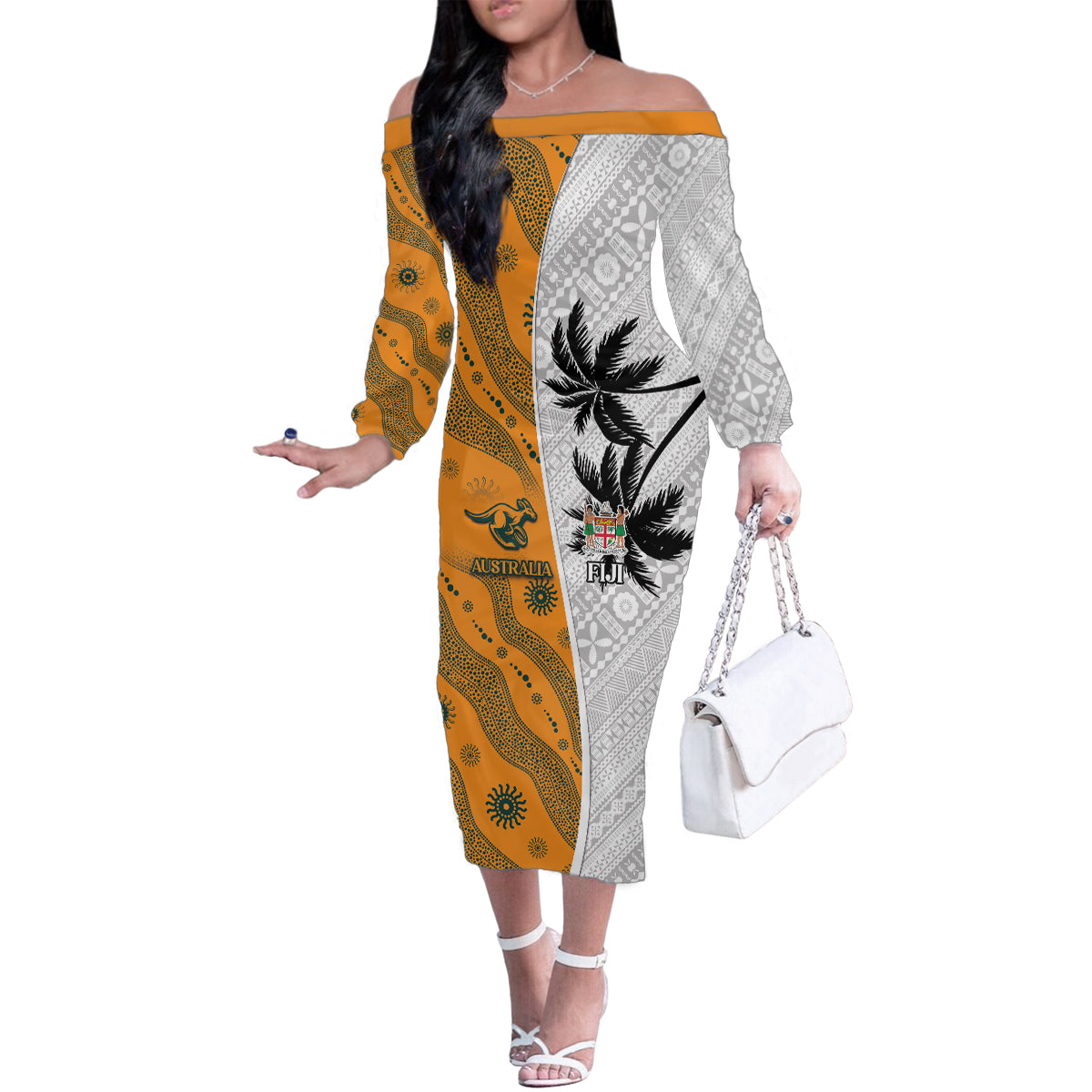 Custom Fiji and Australia Rugby Family Matching Off The Shoulder Long Sleeve Dress and Hawaiian Shirt Tapa Mix Aboriginal Pattern Half Style