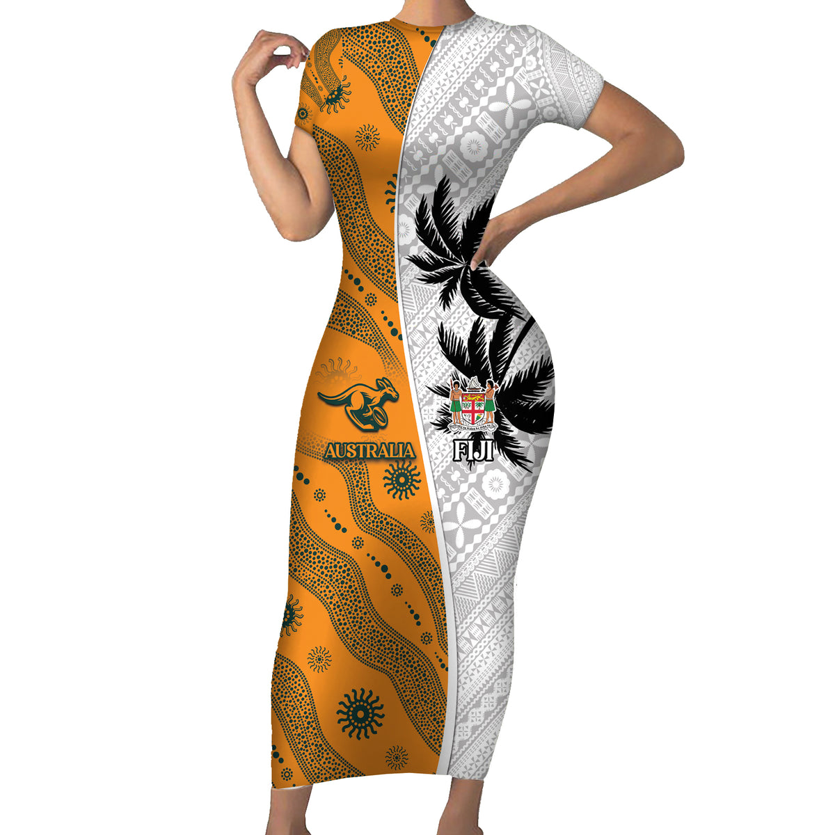 Custom Fiji and Australia Rugby Short Sleeve Bodycon Dress Tapa Mix Aboriginal Pattern Half Style