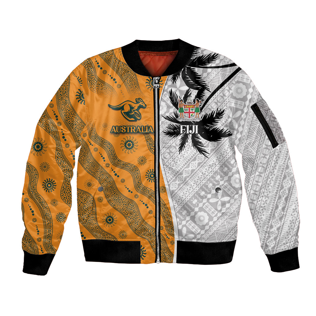 Custom Fiji and Australia Rugby Sleeve Zip Bomber Jacket Tapa Mix Aboriginal Pattern Half Style