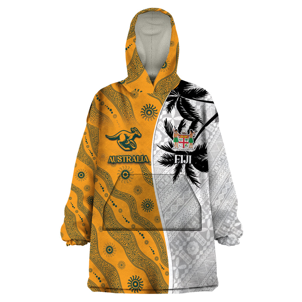 Custom Fiji and Australia Rugby Wearable Blanket Hoodie Tapa Mix Aboriginal Pattern Half Style