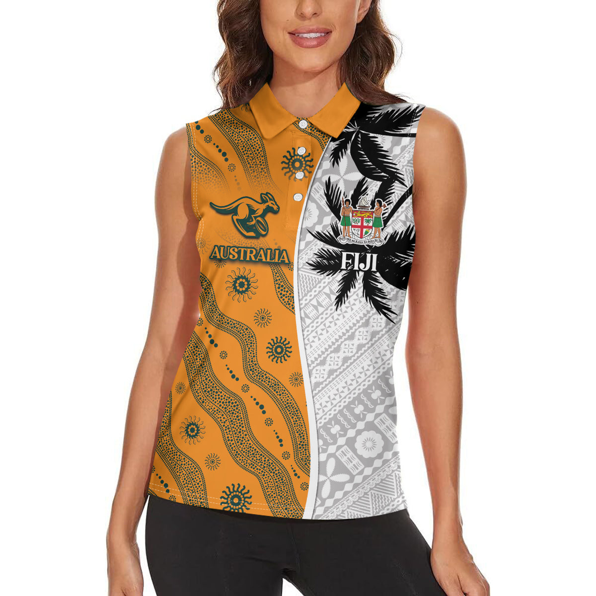 Custom Fiji and Australia Rugby Women Sleeveless Polo Shirt Tapa Mix Aboriginal Pattern Half Style LT03 - Polynesian Pride