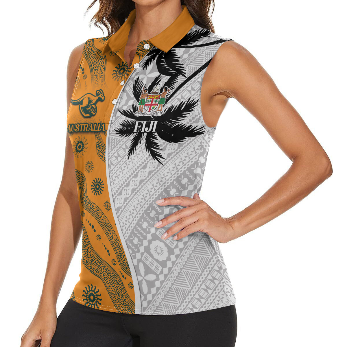 Custom Fiji and Australia Rugby Women Sleeveless Polo Shirt Tapa Mix Aboriginal Pattern Half Style LT03 - Polynesian Pride