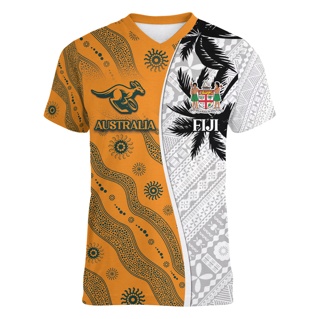 Custom Fiji and Australia Rugby Women V-Neck T-Shirt Tapa Mix Aboriginal Pattern Half Style