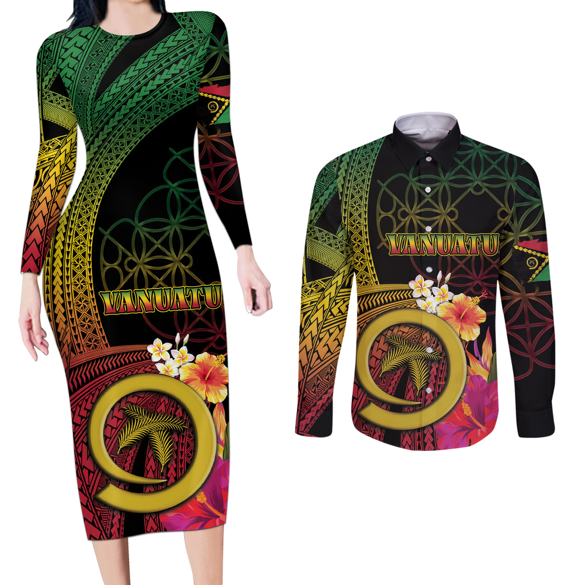 Vanuatu Independence Day Couples Matching Long Sleeve Bodycon Dress and Long Sleeve Button Shirt Sand Drawing Melanesian Vibes