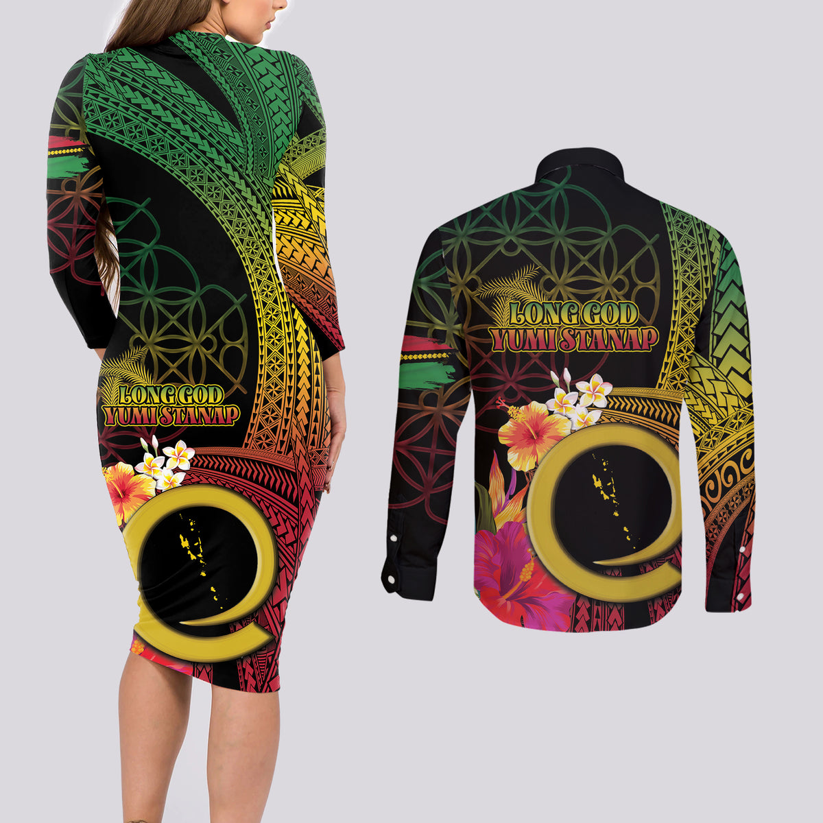 Vanuatu Independence Day Couples Matching Long Sleeve Bodycon Dress and Long Sleeve Button Shirt Sand Drawing Melanesian Vibes
