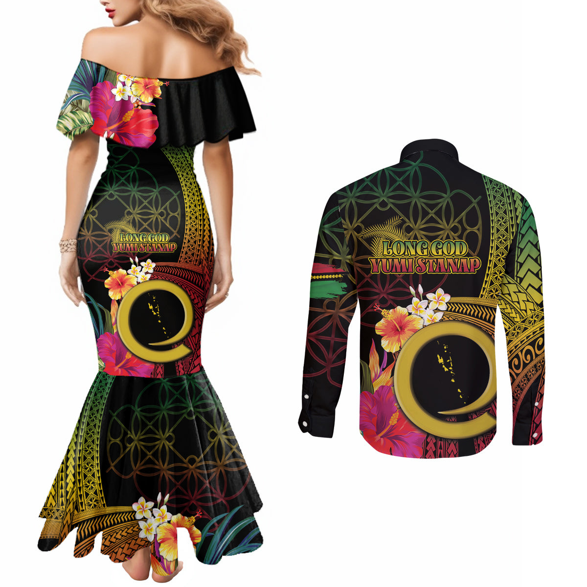 Vanuatu Independence Day Couples Matching Mermaid Dress and Long Sleeve Button Shirt Sand Drawing Melanesian Vibes