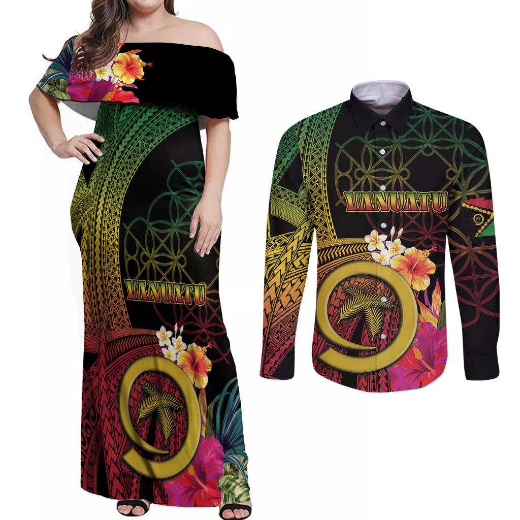 Vanuatu Independence Day Couples Matching Off Shoulder Maxi Dress and Long Sleeve Button Shirt Sand Drawing Melanesian Vibes