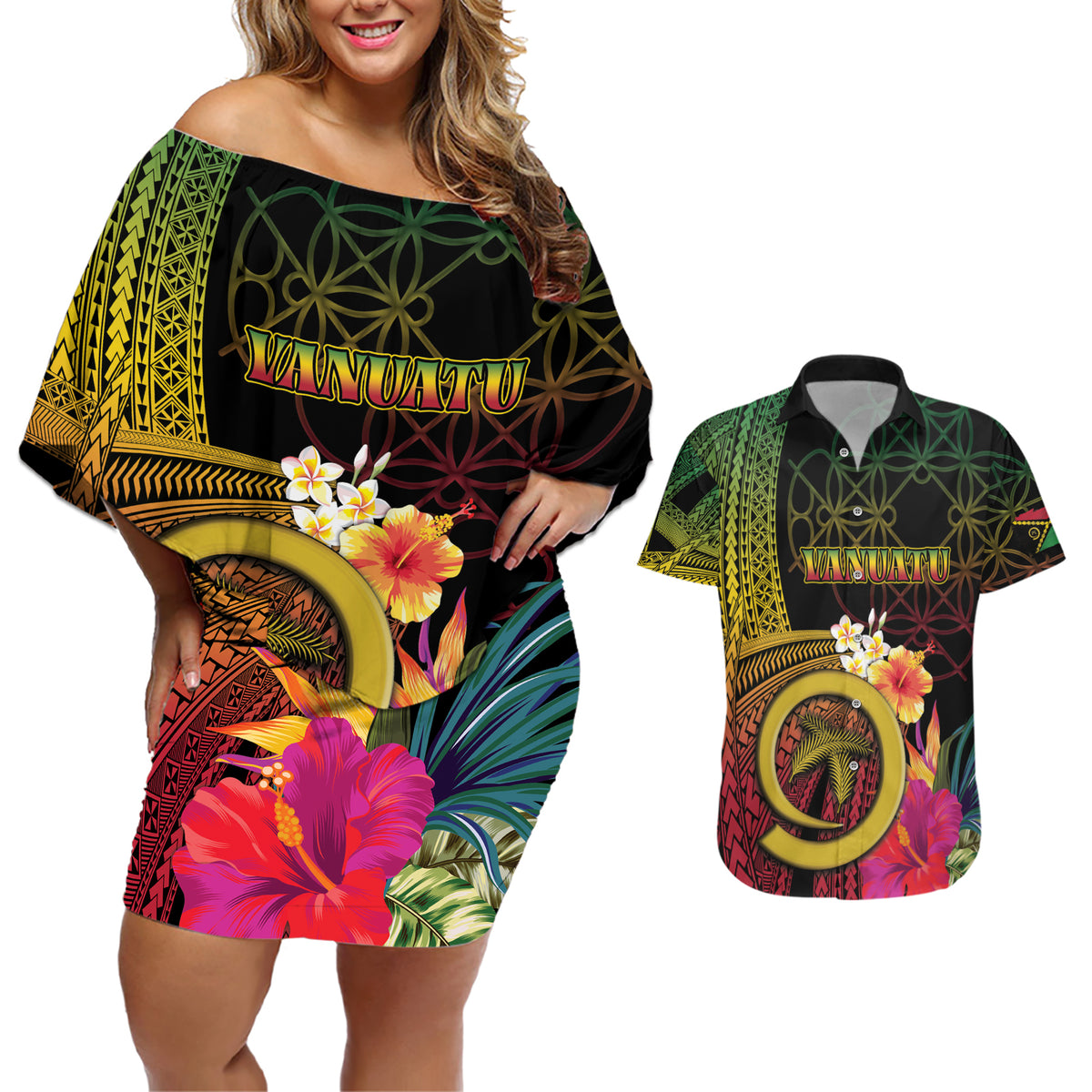 Vanuatu Independence Day Couples Matching Off Shoulder Short Dress and Hawaiian Shirt Sand Drawing Melanesian Vibes