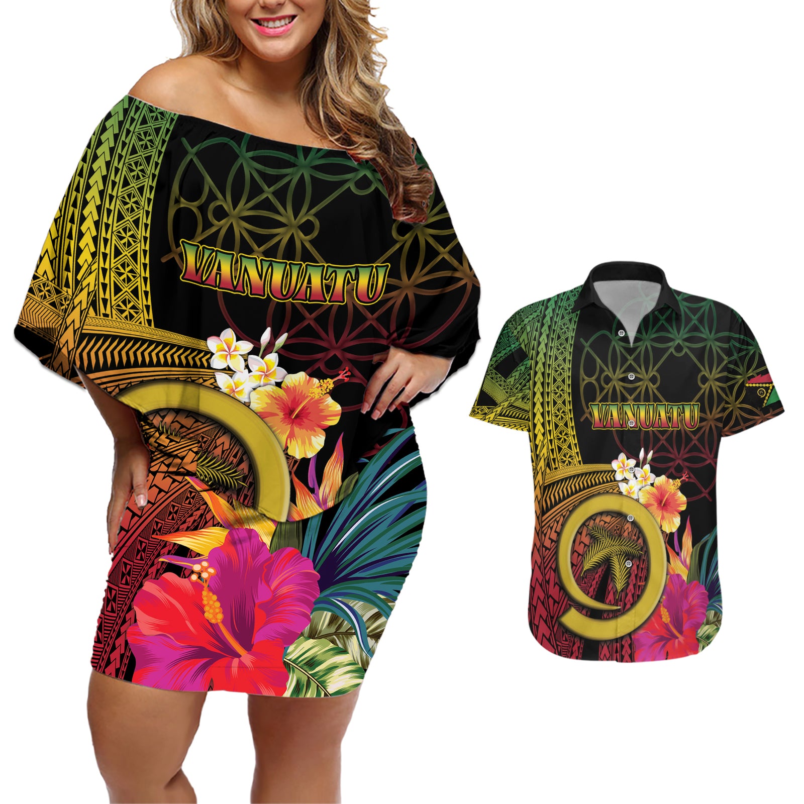 Vanuatu Independence Day Couples Matching Off Shoulder Short Dress and Hawaiian Shirt Sand Drawing Melanesian Vibes