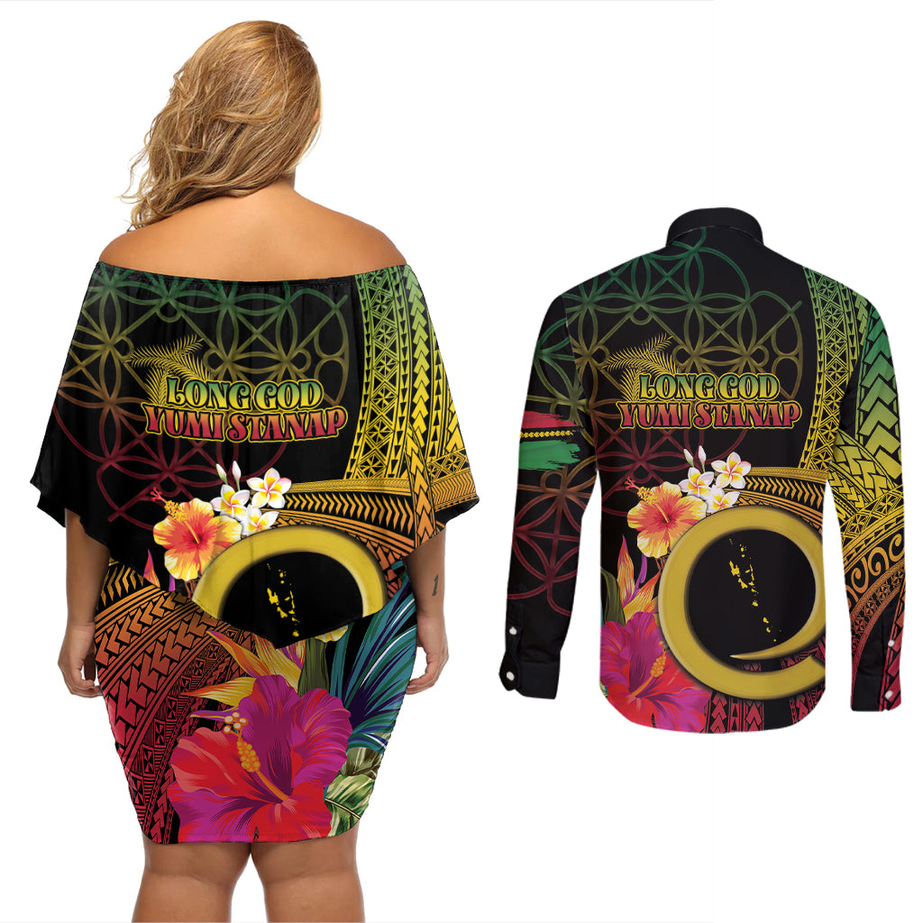 Vanuatu Independence Day Couples Matching Off Shoulder Short Dress and Long Sleeve Button Shirt Sand Drawing Melanesian Vibes