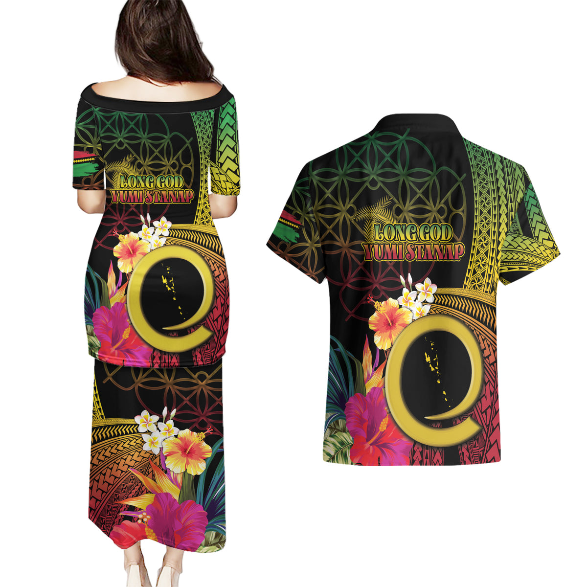 Vanuatu Independence Day Couples Matching Puletasi and Hawaiian Shirt Sand Drawing Melanesian Vibes