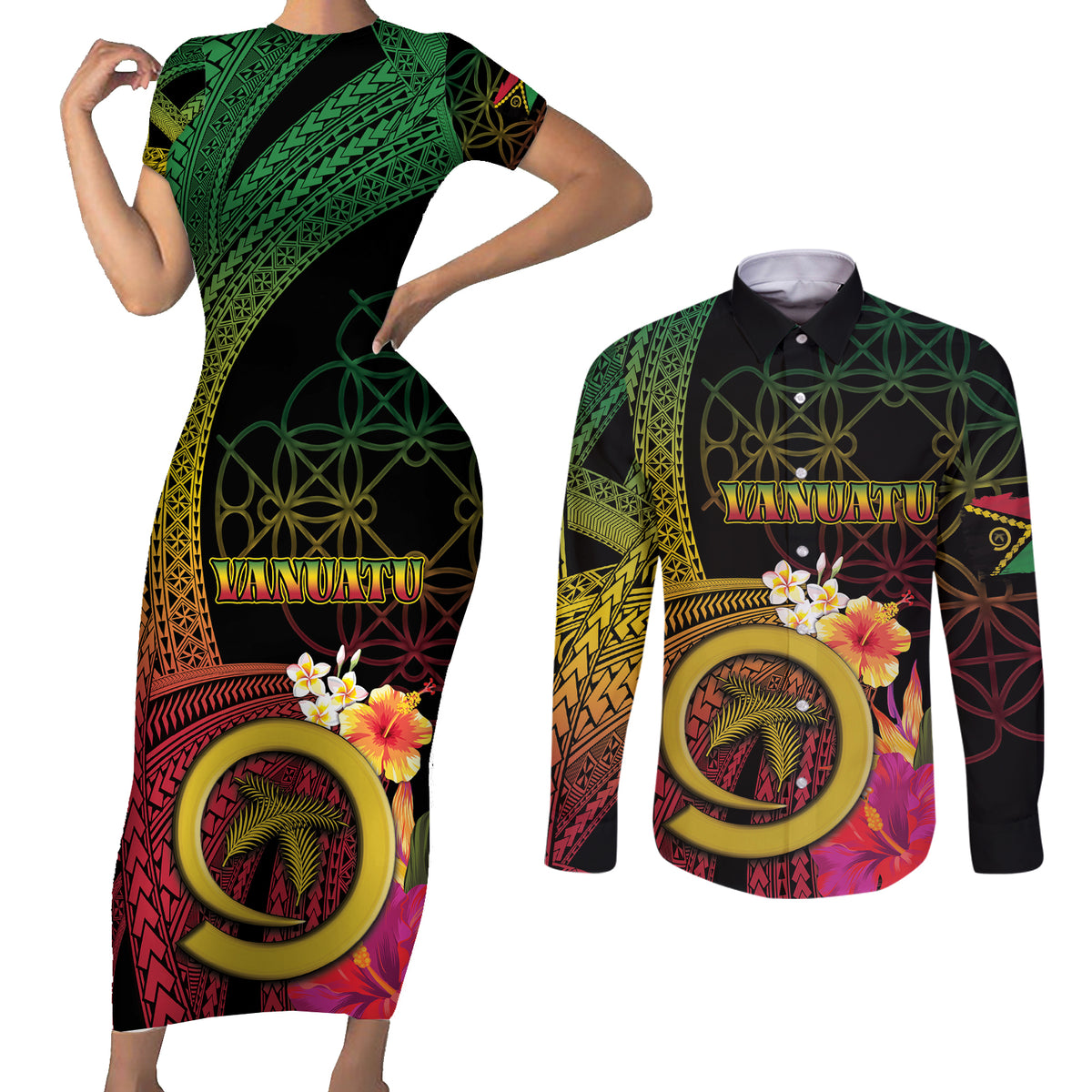 Vanuatu Independence Day Couples Matching Short Sleeve Bodycon Dress and Long Sleeve Button Shirt Sand Drawing Melanesian Vibes