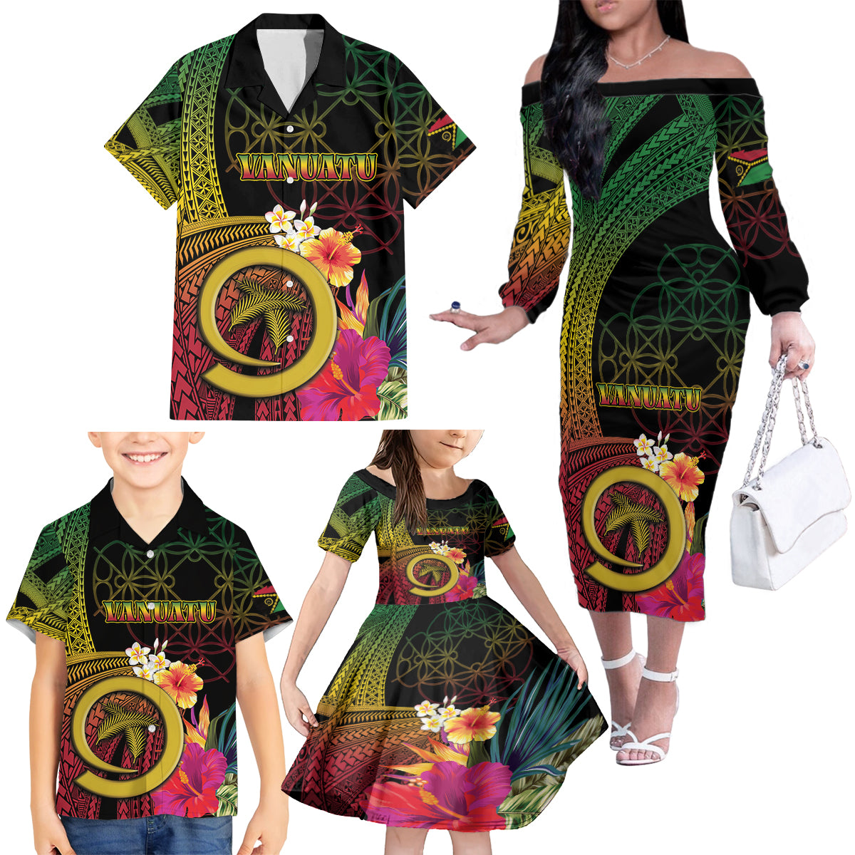 Vanuatu Independence Day Family Matching Off The Shoulder Long Sleeve Dress and Hawaiian Shirt Sand Drawing Melanesian Vibes