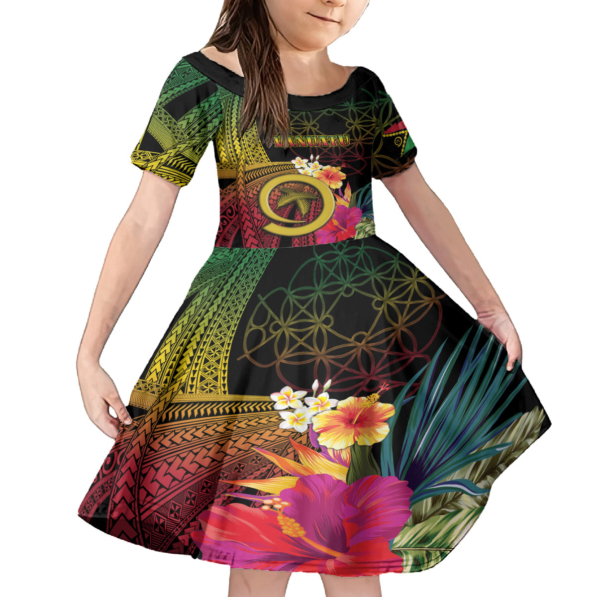 Vanuatu Independence Day Family Matching Off Shoulder Short Dress and Hawaiian Shirt Sand Drawing Melanesian Vibes