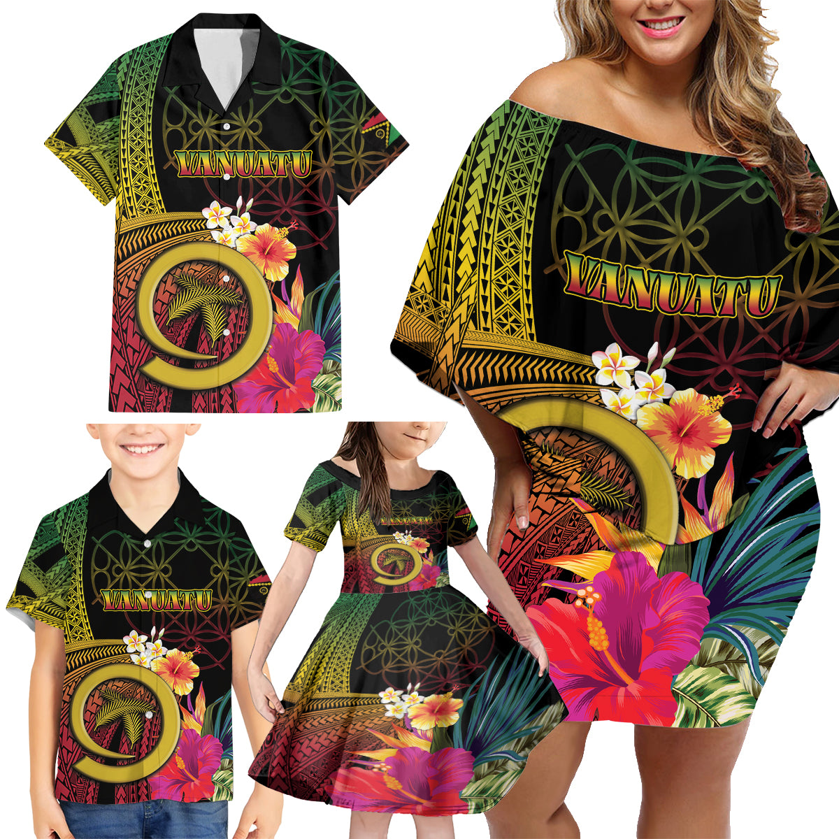 Vanuatu Independence Day Family Matching Off Shoulder Short Dress and Hawaiian Shirt Sand Drawing Melanesian Vibes