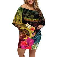 Vanuatu Independence Day Family Matching Off Shoulder Short Dress and Hawaiian Shirt Sand Drawing Melanesian Vibes
