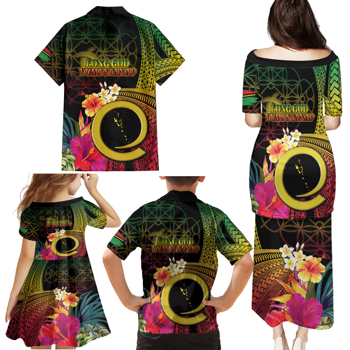 Vanuatu Independence Day Family Matching Puletasi and Hawaiian Shirt Sand Drawing Melanesian Vibes