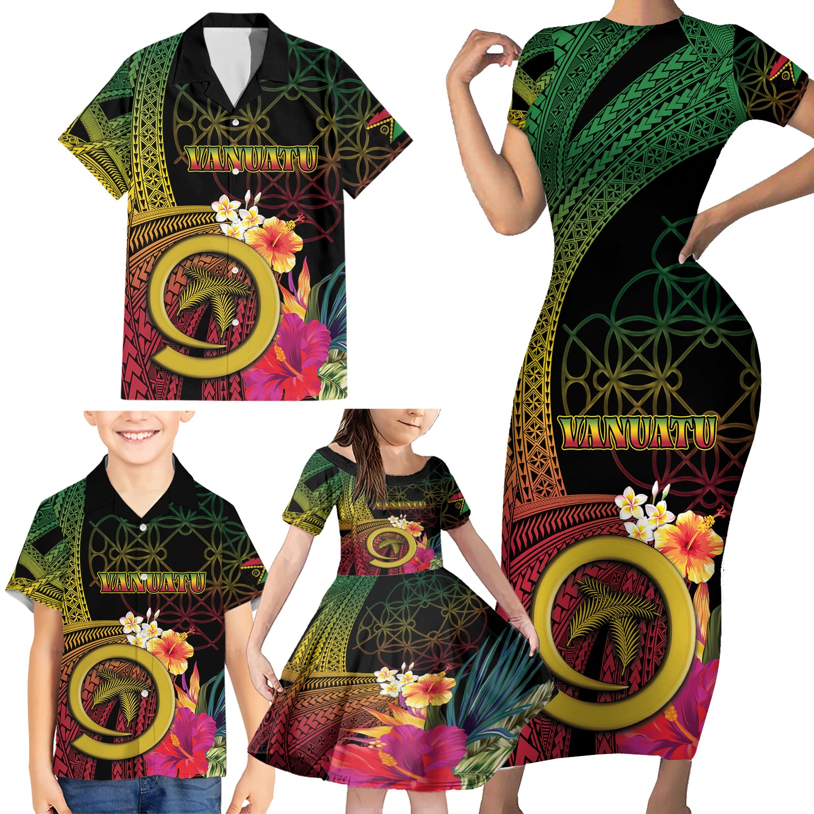 Vanuatu Independence Day Family Matching Short Sleeve Bodycon Dress and Hawaiian Shirt Sand Drawing Melanesian Vibes LT03 - Polynesian Pride