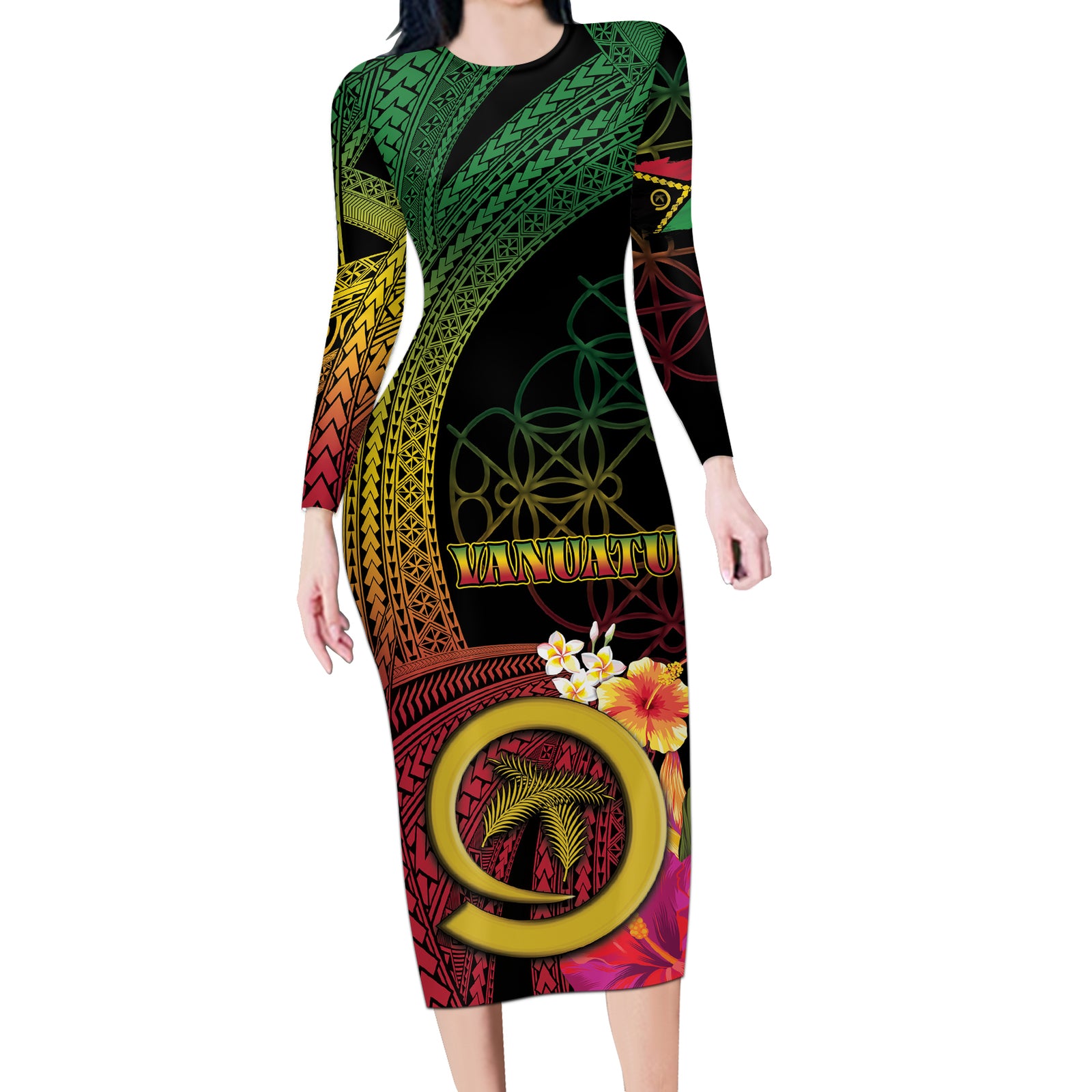 Vanuatu Independence Day Long Sleeve Bodycon Dress Sand Drawing Melanesian Vibes LT03 Long Dress Black - Polynesian Pride