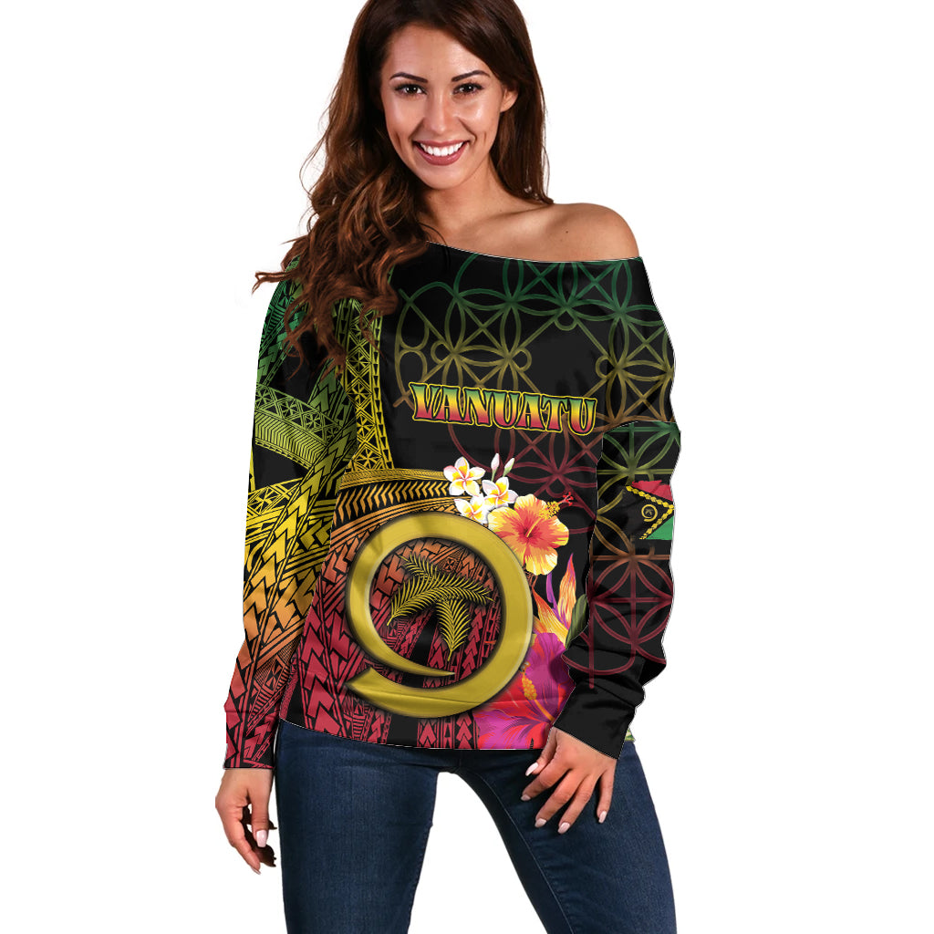 Vanuatu Independence Day Off Shoulder Sweater Sand Drawing Melanesian Vibes LT03 Women Black - Polynesian Pride