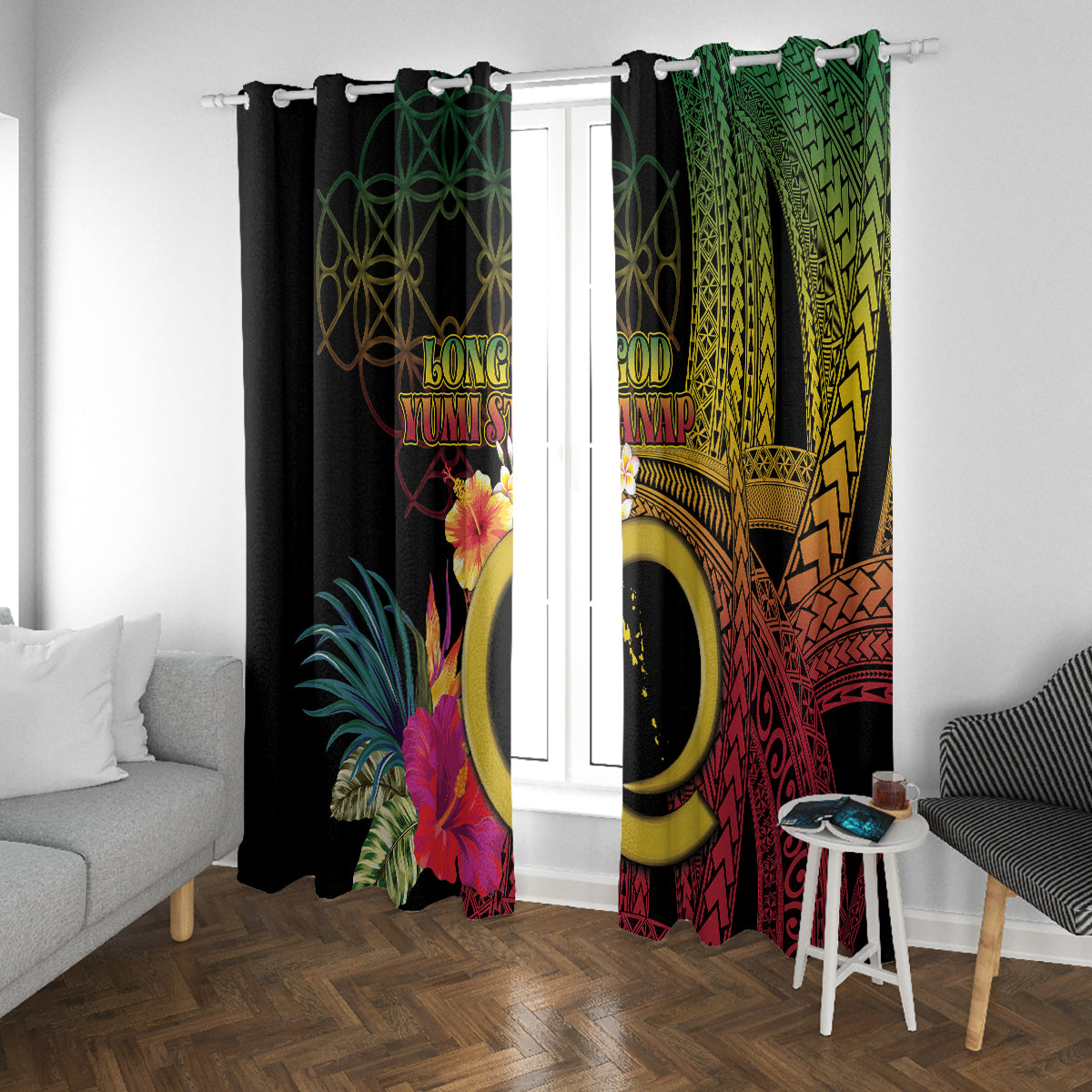 Vanuatu Independence Day Window Curtain Sand Drawing Melanesian Vibes LT03 With Grommets Black - Polynesian Pride