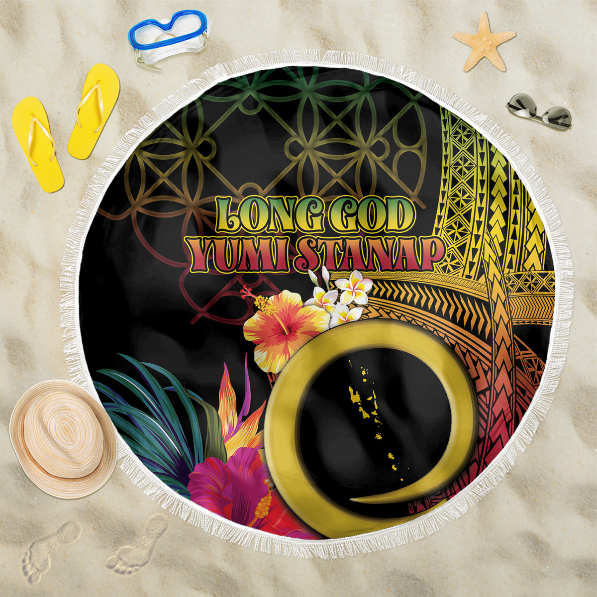 Vanuatu Selebretem 44th Indipendens Dei Beach Blanket Sand Drawing Melanesian Vibes LT03 One Size 150cm Black - Polynesian Pride