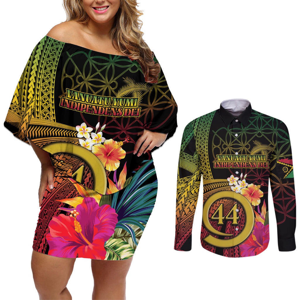 Vanuatu Selebretem 44th Indipendens Dei Couples Matching Off Shoulder Short Dress and Long Sleeve Button Shirt Sand Drawing Melanesian Vibes
