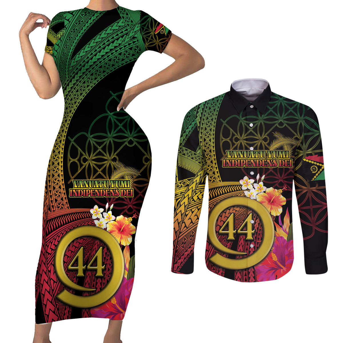 Vanuatu Selebretem 44th Indipendens Dei Couples Matching Short Sleeve Bodycon Dress and Long Sleeve Button Shirt Sand Drawing Melanesian Vibes