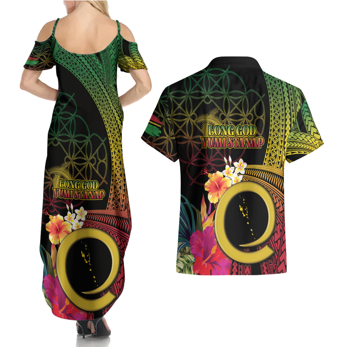 Vanuatu Selebretem 44th Indipendens Dei Couples Matching Summer Maxi Dress and Hawaiian Shirt Sand Drawing Melanesian Vibes