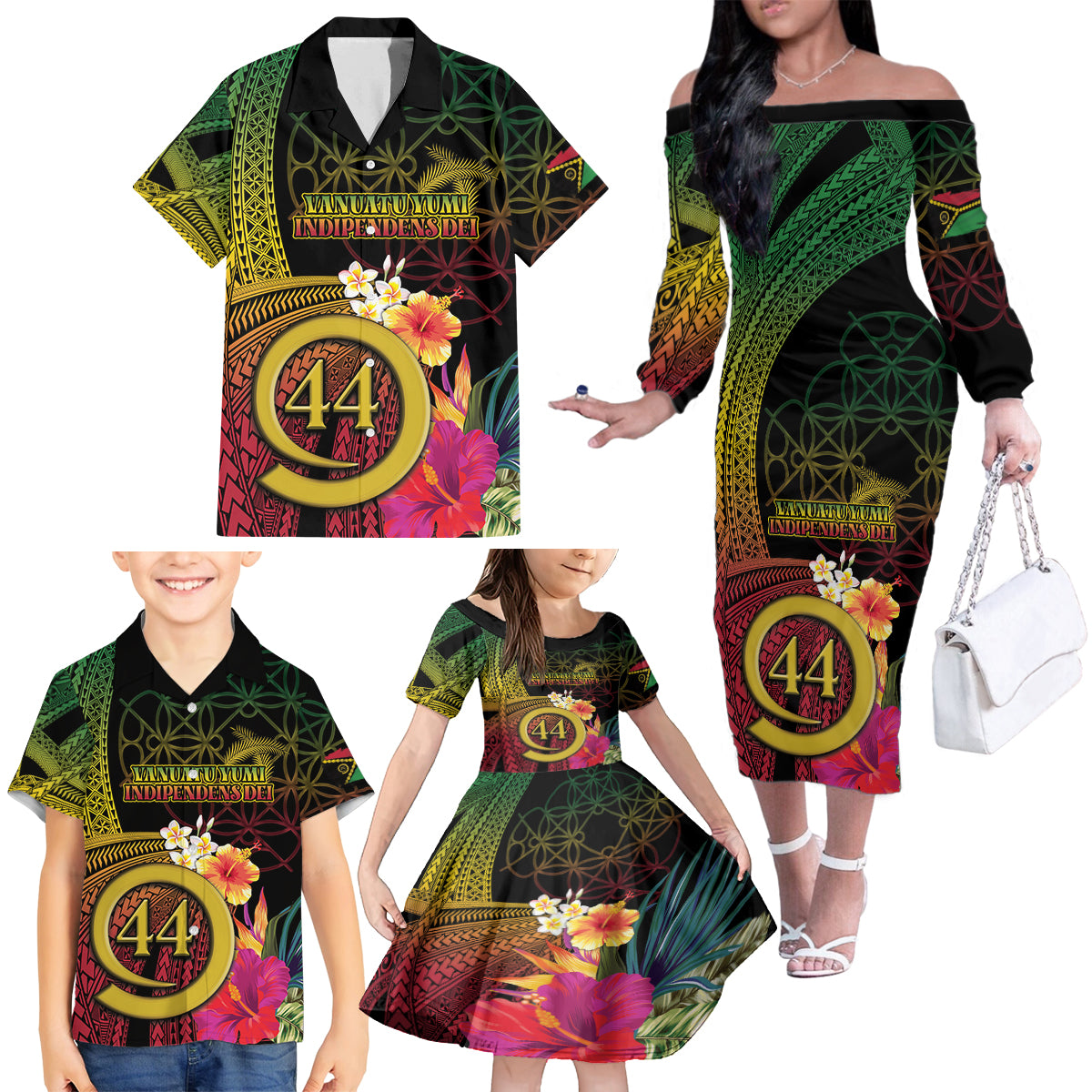 Vanuatu Selebretem 44th Indipendens Dei Family Matching Off The Shoulder Long Sleeve Dress and Hawaiian Shirt Sand Drawing Melanesian Vibes LT03 - Polynesian Pride