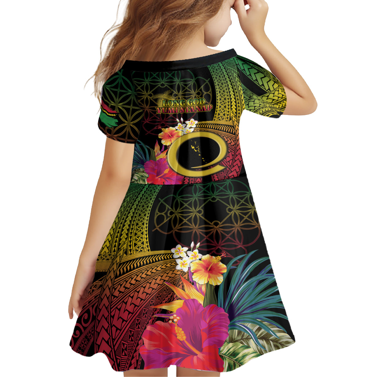 Vanuatu Selebretem 44th Indipendens Dei Family Matching Off Shoulder Short Dress and Hawaiian Shirt Sand Drawing Melanesian Vibes