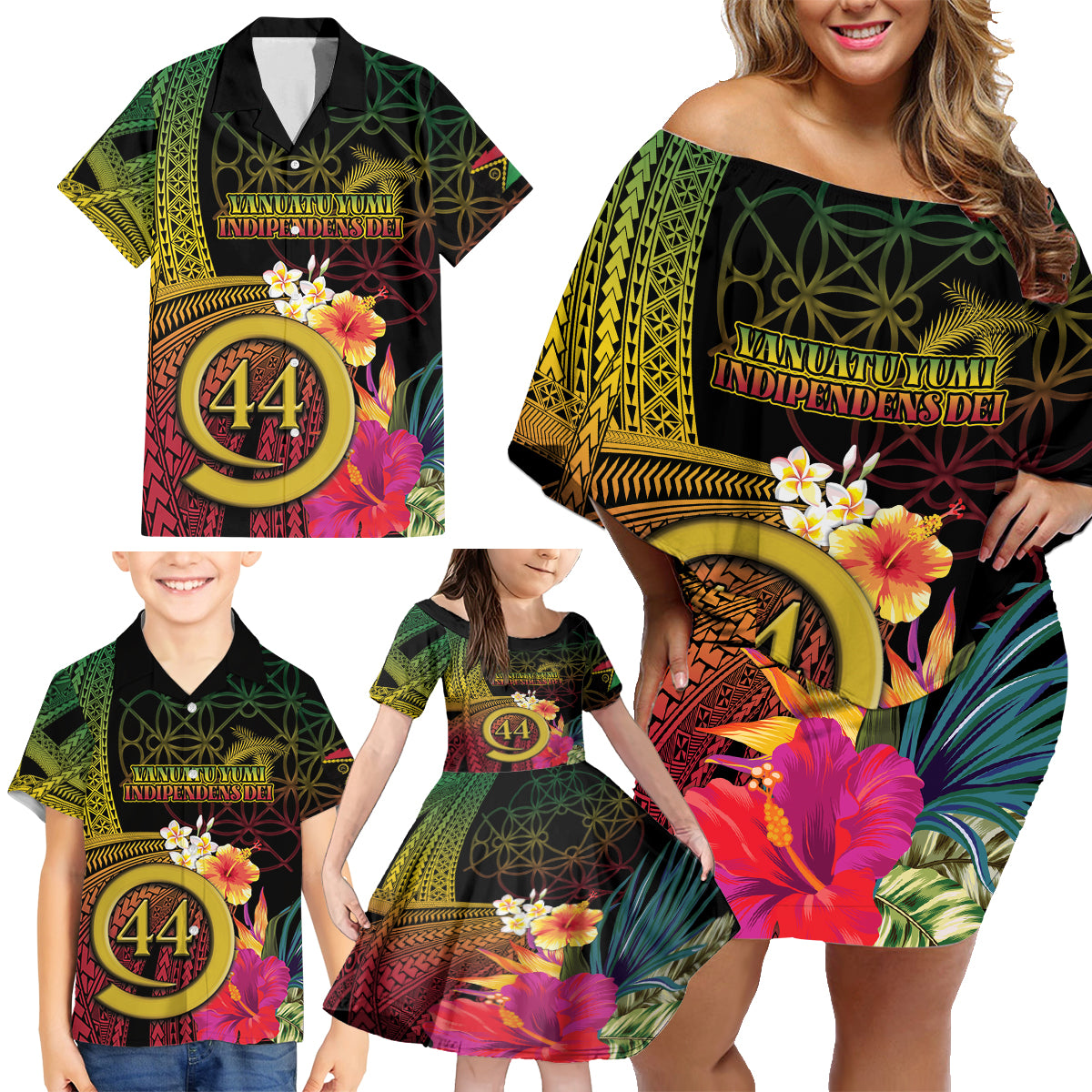 Vanuatu Selebretem 44th Indipendens Dei Family Matching Off Shoulder Short Dress and Hawaiian Shirt Sand Drawing Melanesian Vibes