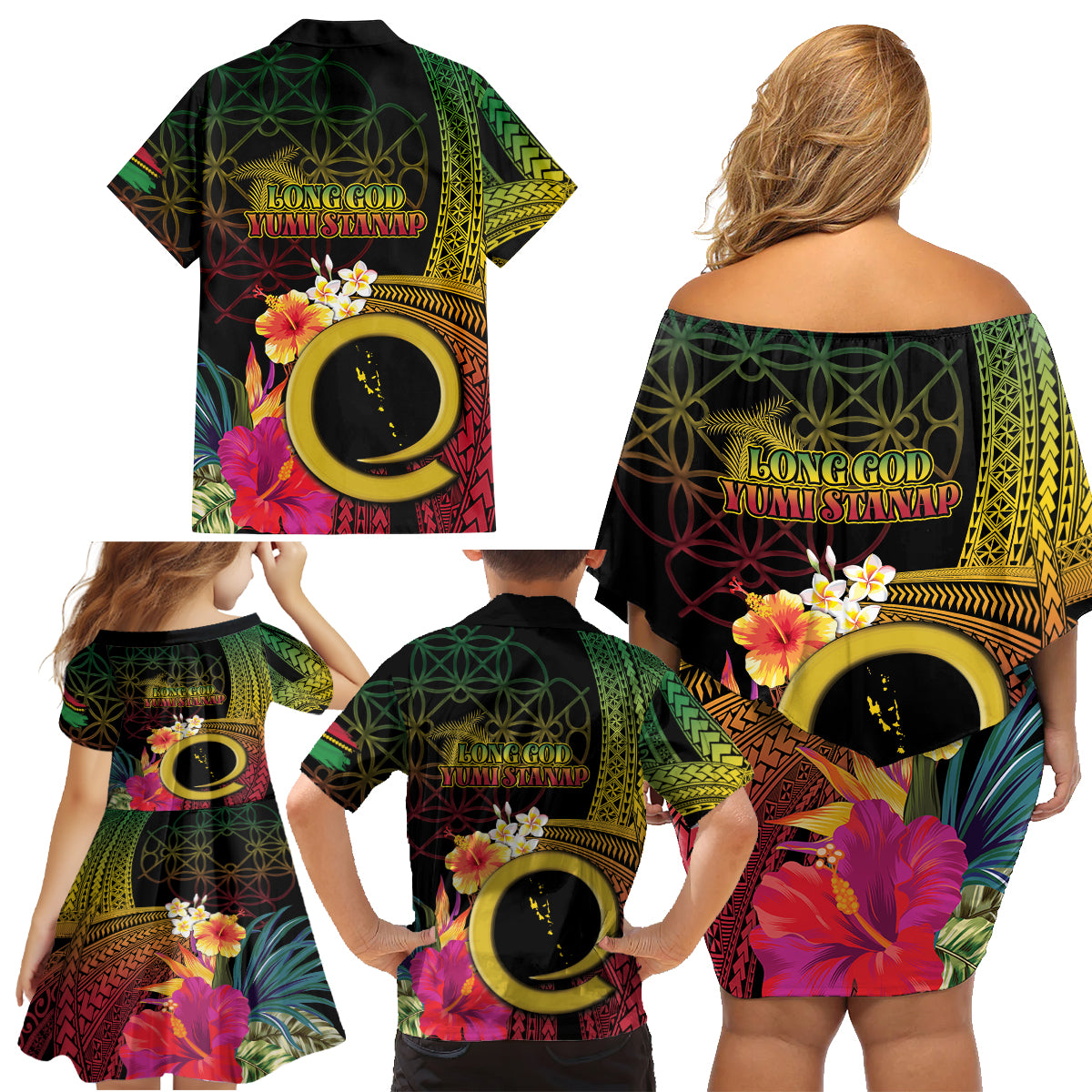 Vanuatu Selebretem 44th Indipendens Dei Family Matching Off Shoulder Short Dress and Hawaiian Shirt Sand Drawing Melanesian Vibes