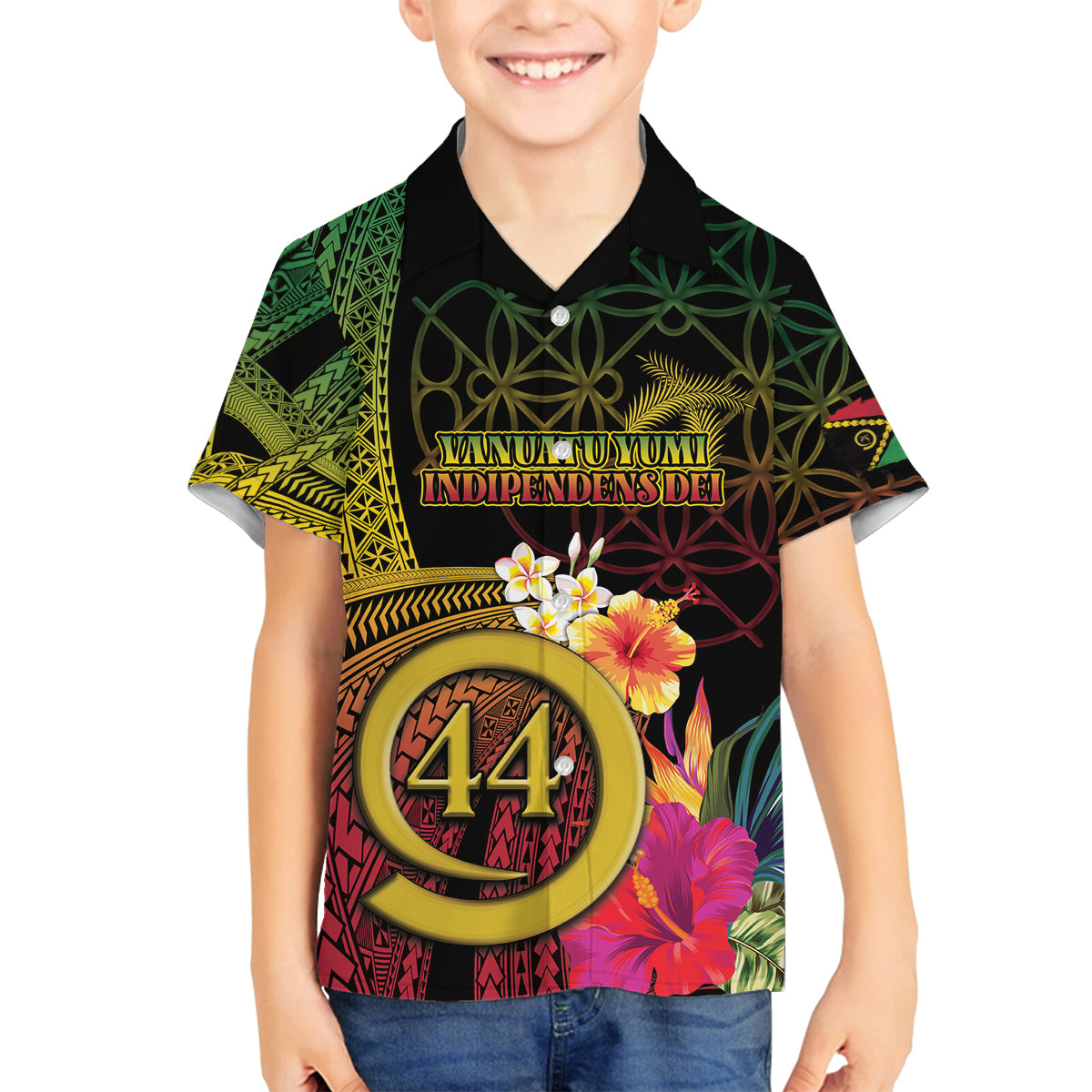 Vanuatu Selebretem 44th Indipendens Dei Family Matching Off Shoulder Short Dress and Hawaiian Shirt Sand Drawing Melanesian Vibes