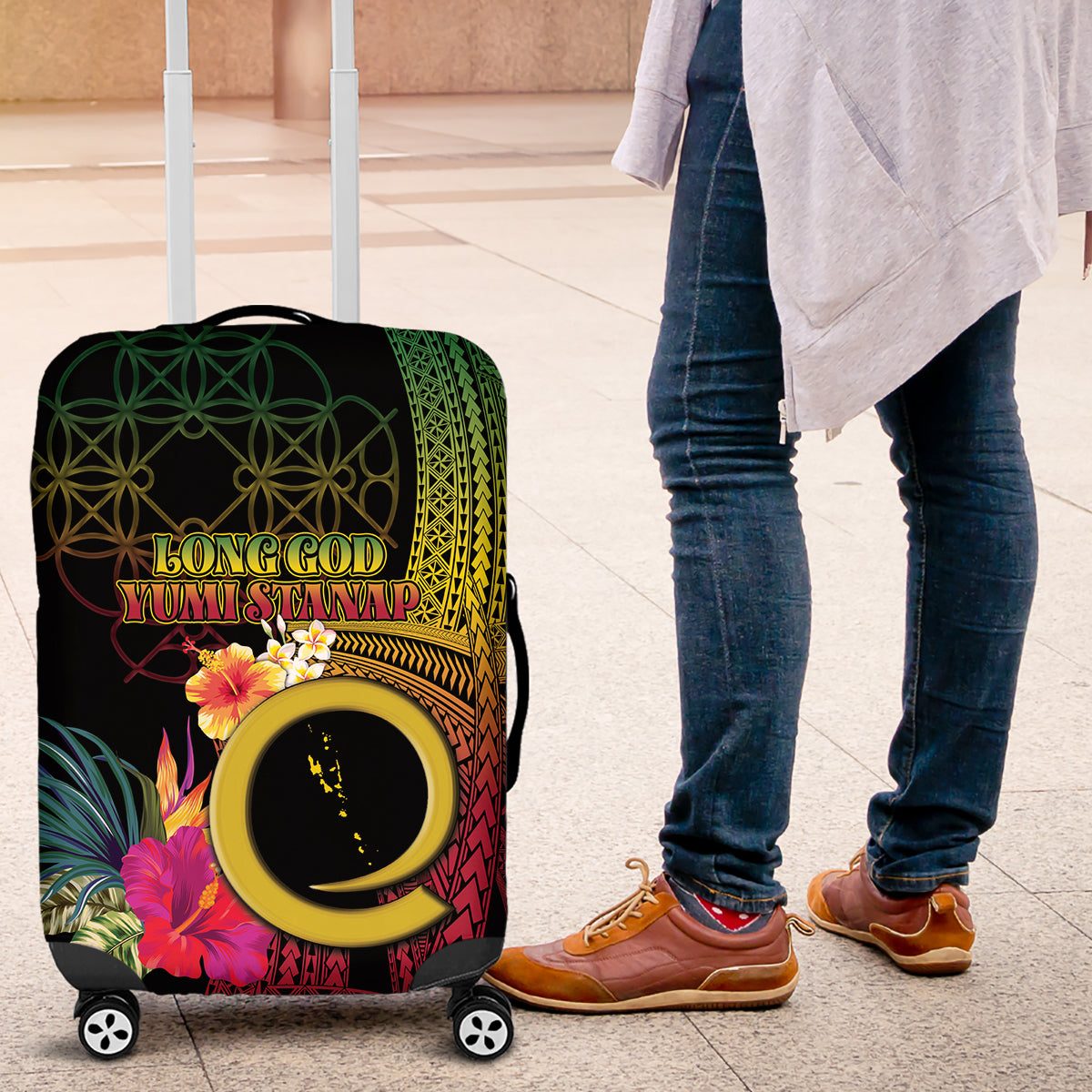 Vanuatu Selebretem 44th Indipendens Dei Luggage Cover Sand Drawing Melanesian Vibes LT03 Black - Polynesian Pride