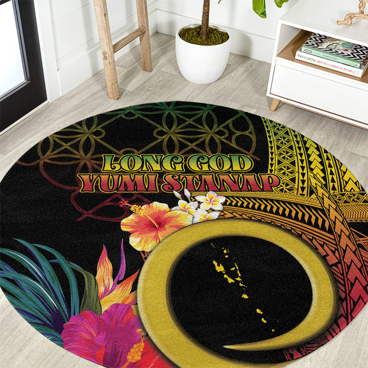 Vanuatu Selebretem 44th Indipendens Dei Round Carpet Sand Drawing Melanesian Vibes LT03 Black - Polynesian Pride