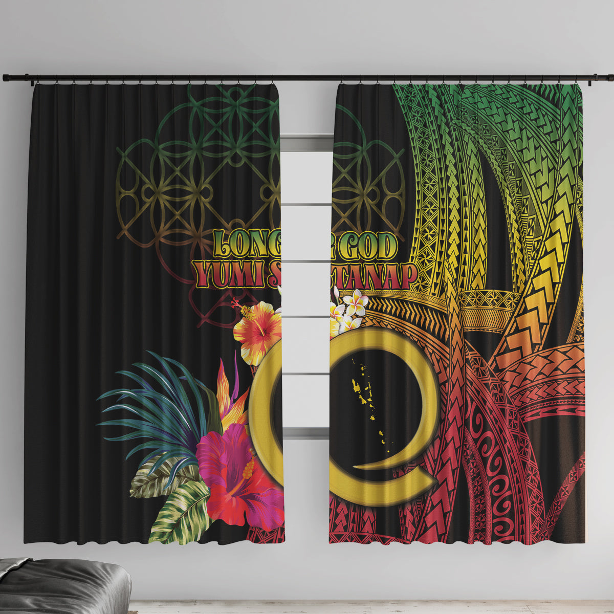 Vanuatu Selebretem 44th Indipendens Dei Window Curtain Sand Drawing Melanesian Vibes LT03 With Hooks Black - Polynesian Pride