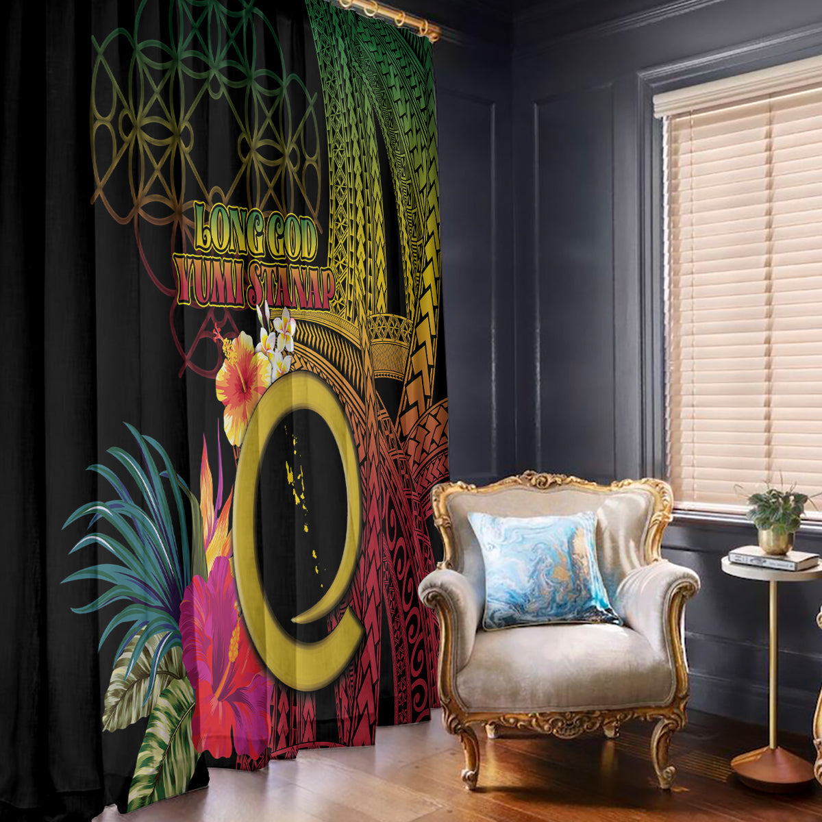 Vanuatu Selebretem 44th Indipendens Dei Window Curtain Sand Drawing Melanesian Vibes LT03 - Polynesian Pride