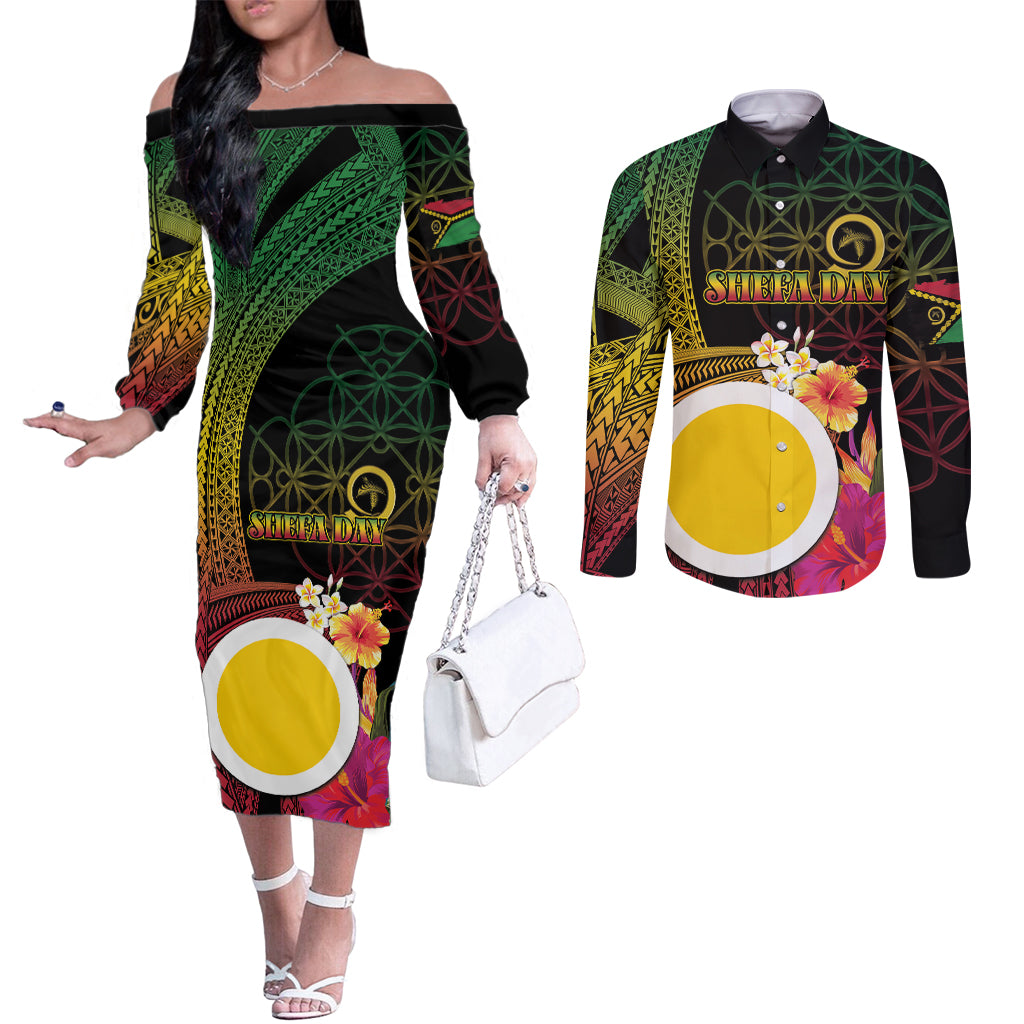 Vanuatu Shefa Day Couples Matching Off The Shoulder Long Sleeve Dress and Long Sleeve Button Shirt Sand Drawing Melanesian