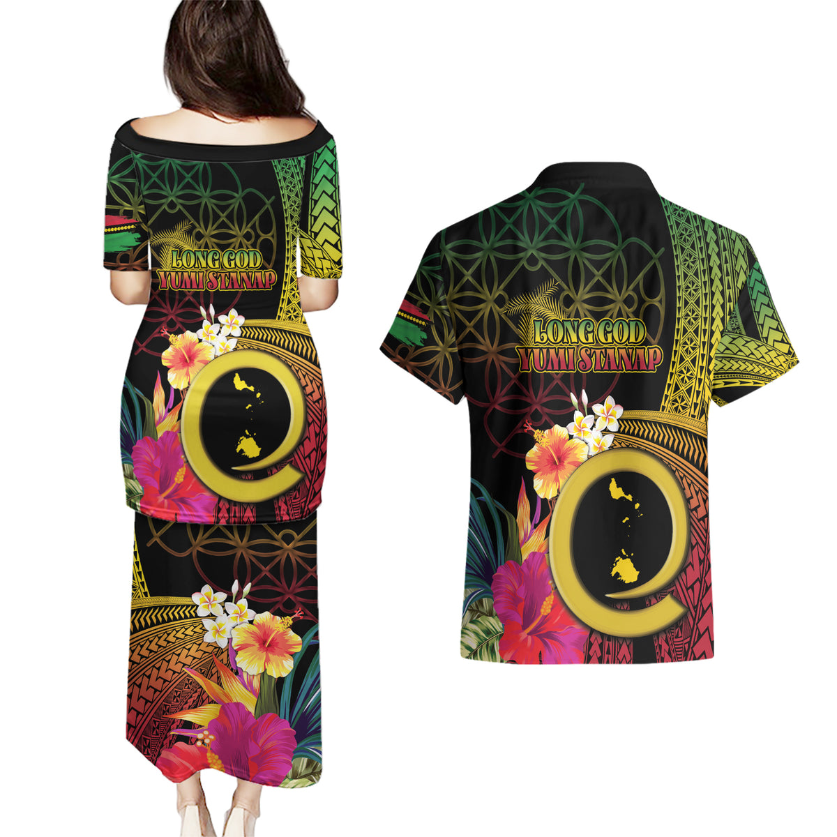 Vanuatu Shefa Day Couples Matching Puletasi and Hawaiian Shirt Sand Drawing Melanesian