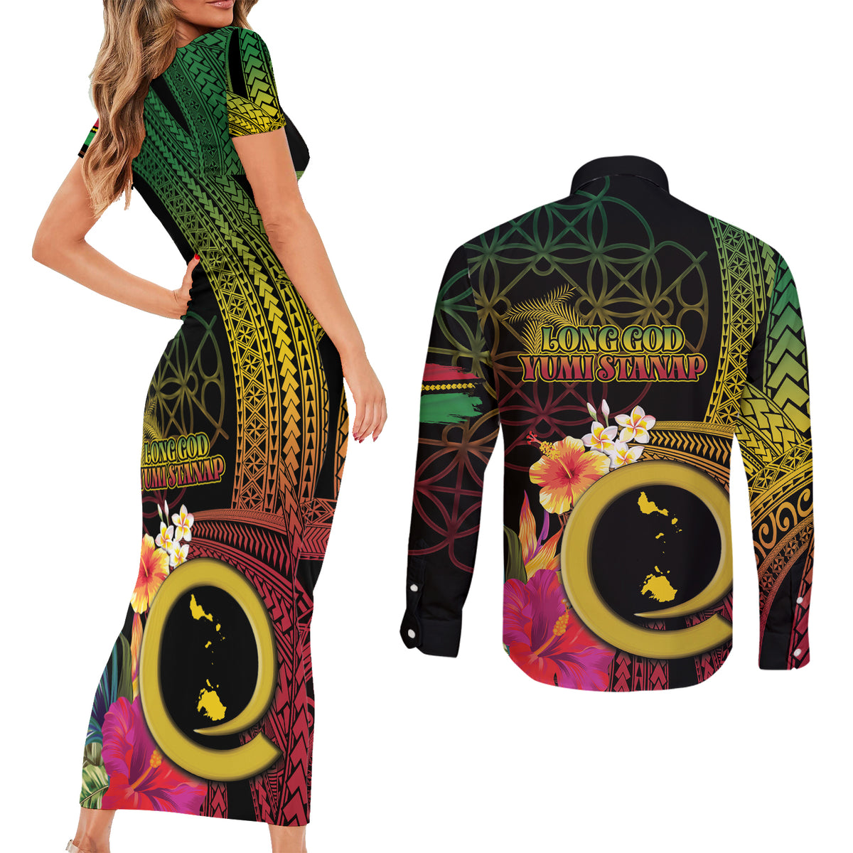Vanuatu Shefa Day Couples Matching Short Sleeve Bodycon Dress and Long Sleeve Button Shirt Sand Drawing Melanesian