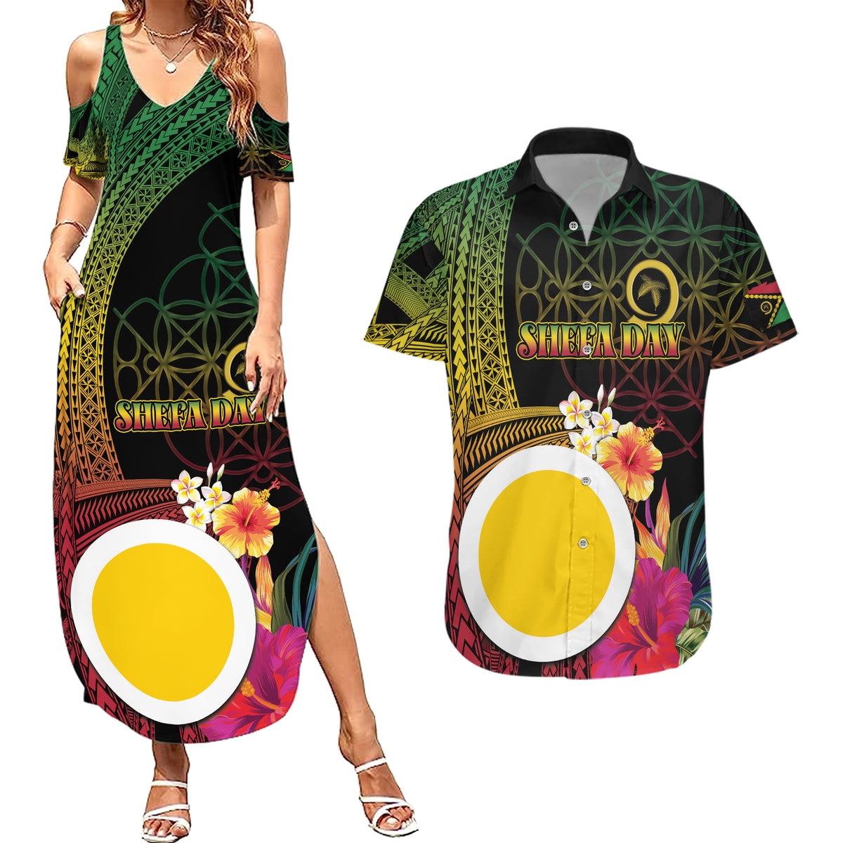 Vanuatu Shefa Day Couples Matching Summer Maxi Dress and Hawaiian Shirt Sand Drawing Melanesian