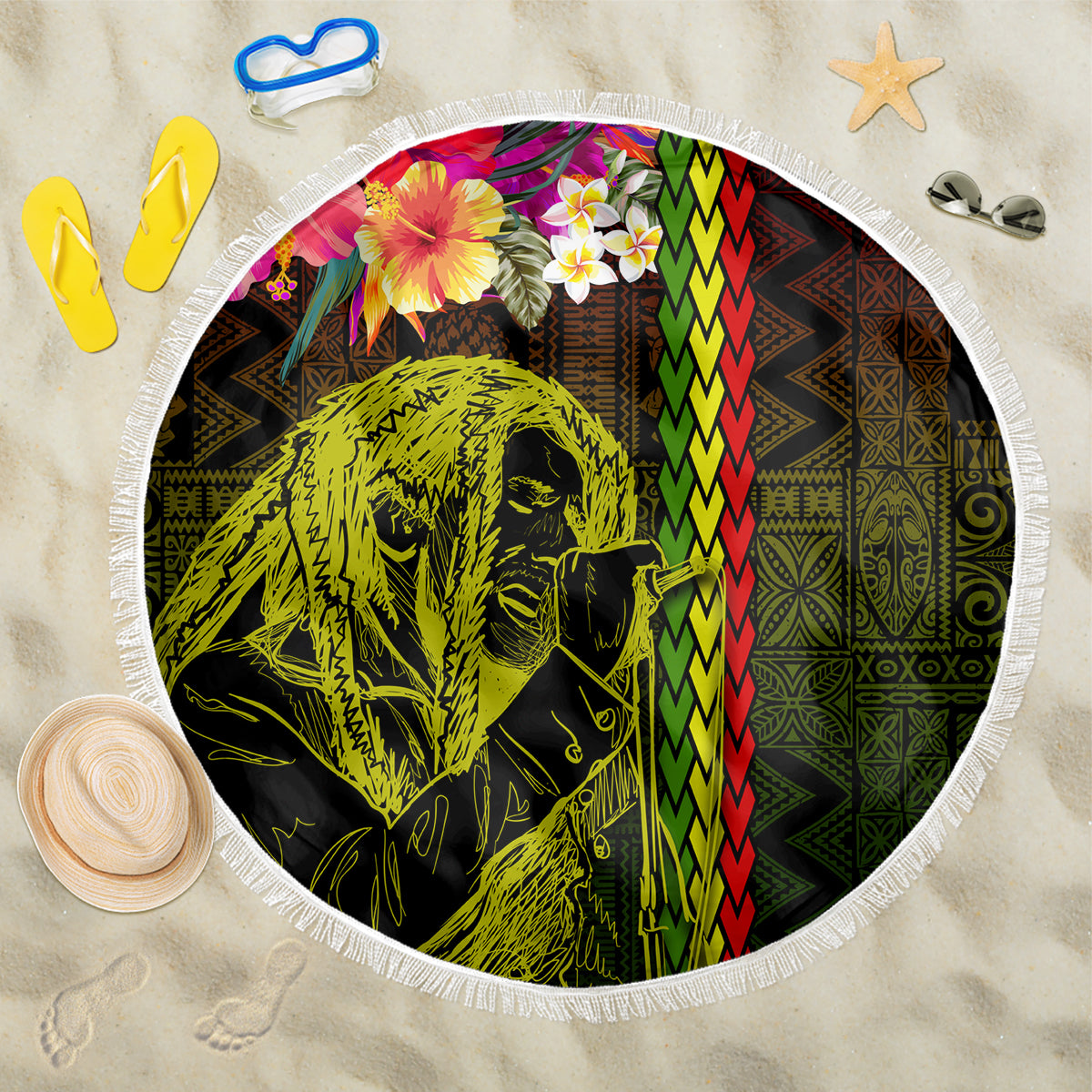 Hawaiian Reggae Music Beach Blanket Jamaica Singer Tribal Polynesian and Hibiscus LT03 One Size 150cm Black - Polynesian Pride