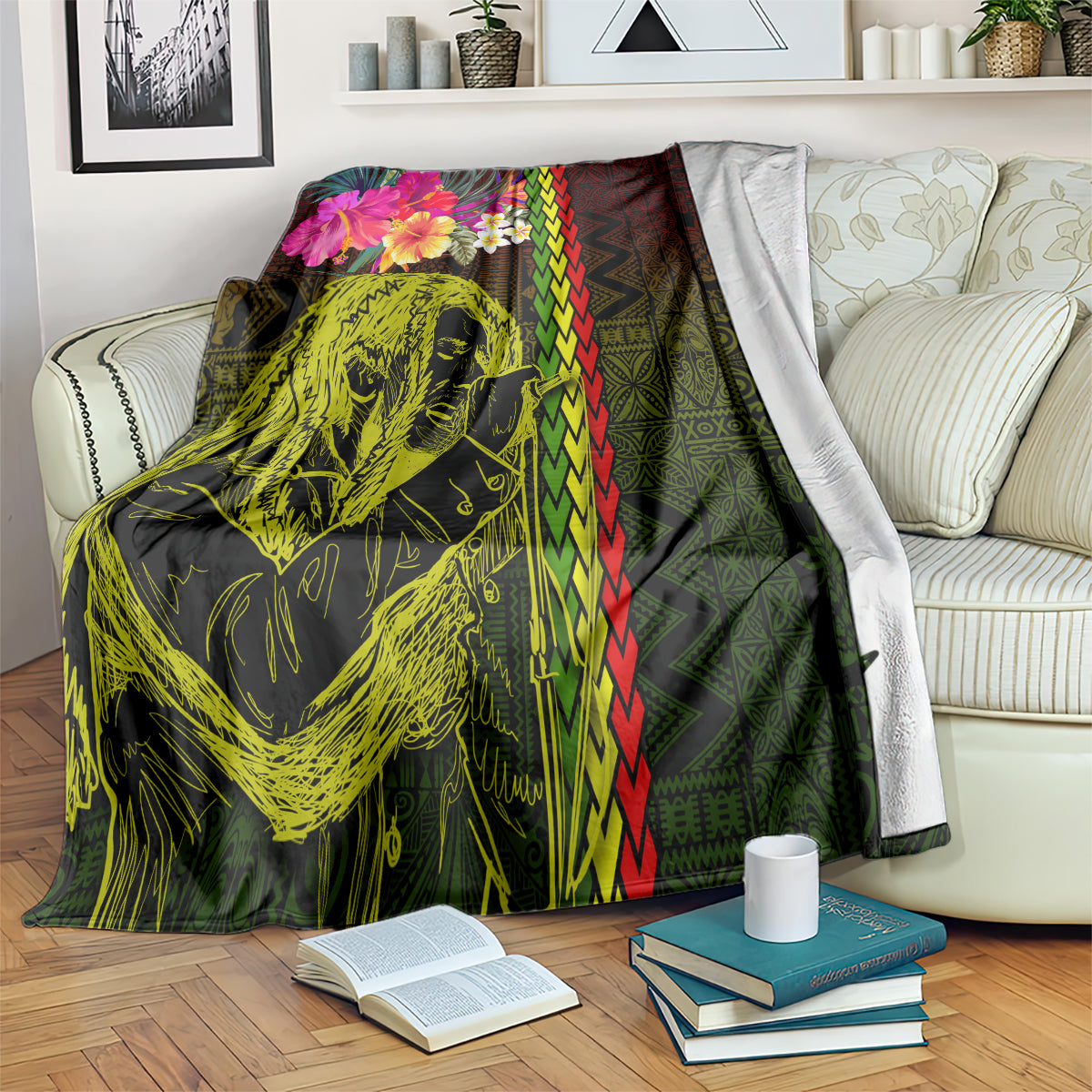 Hawaiian Reggae Music Blanket Jamaica Singer Tribal Polynesian and Hibiscus LT03 Black - Polynesian Pride
