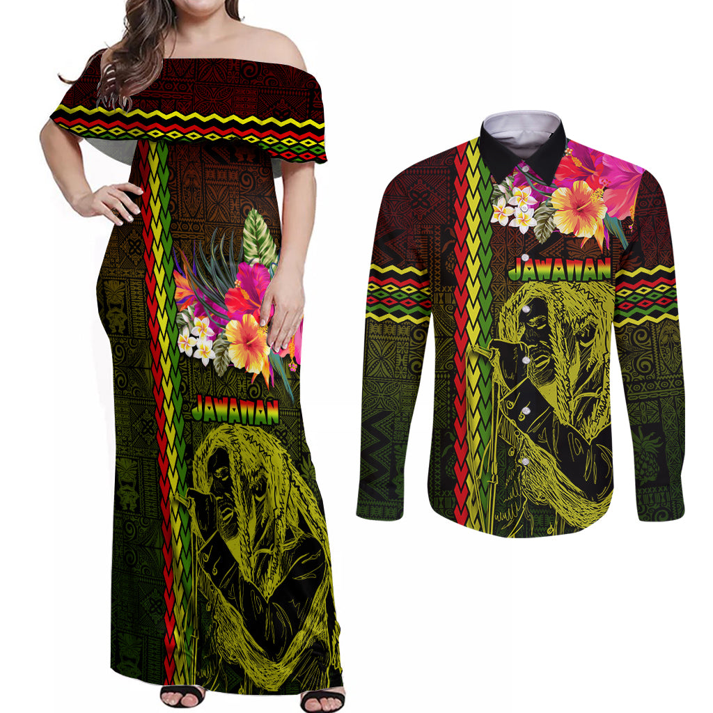 Hawaiian Reggae Music Couples Matching Off Shoulder Maxi Dress and Long Sleeve Button Shirt Jamaica Singer Tribal Polynesian and Hibiscus LT03 Black - Polynesian Pride
