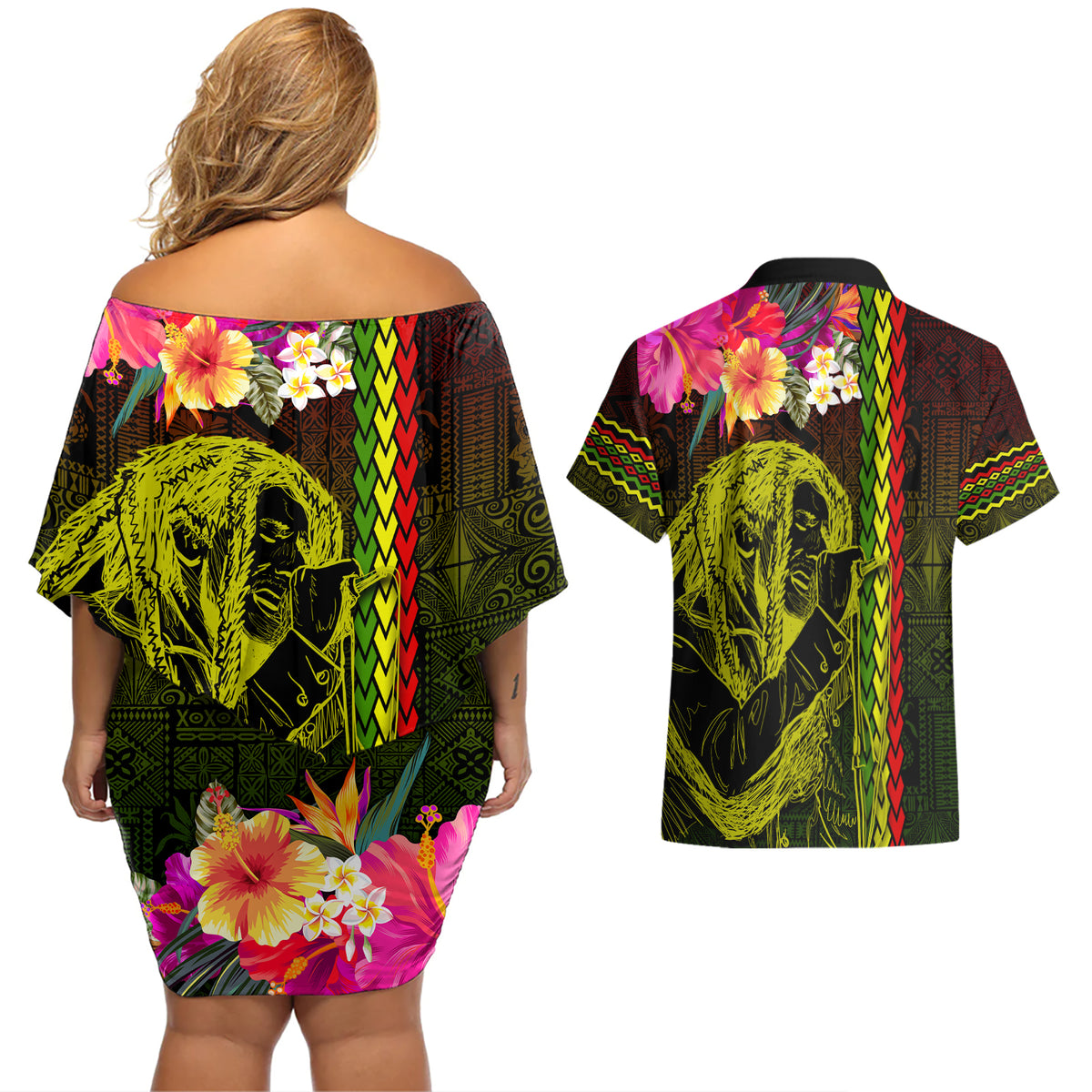 Hawaiian Reggae Music Couples Matching Off Shoulder Short Dress and Hawaiian Shirt Jamaica Singer Tribal Polynesian and Hibiscus