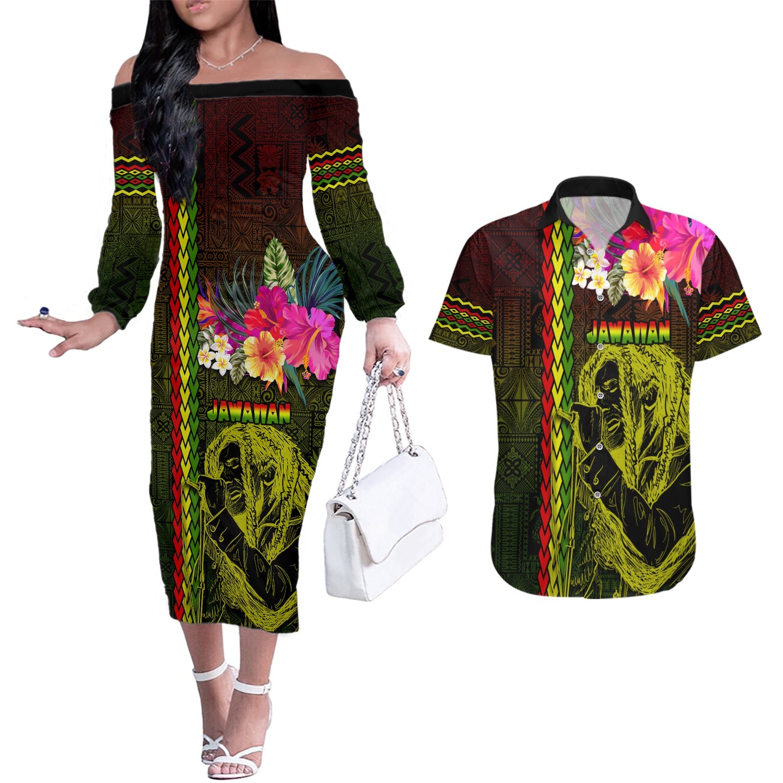 Hawaiian Reggae Music Couples Matching Off The Shoulder Long Sleeve Dress and Hawaiian Shirt Jamaica Singer Tribal Polynesian and Hibiscus LT03 Black - Polynesian Pride